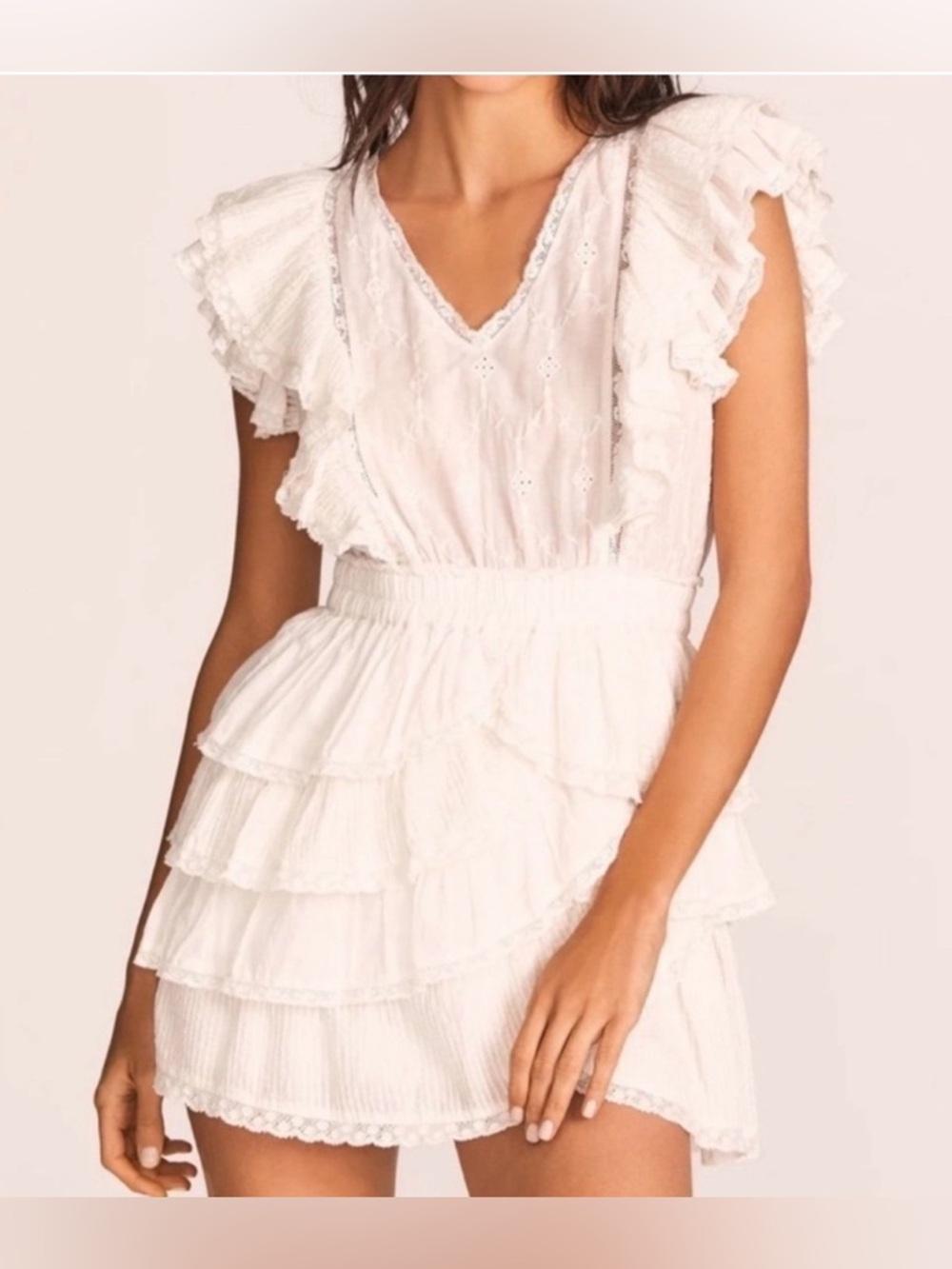 LoveShackFancy Corelli White Ruffled Eyelet Tiered Mini Dress